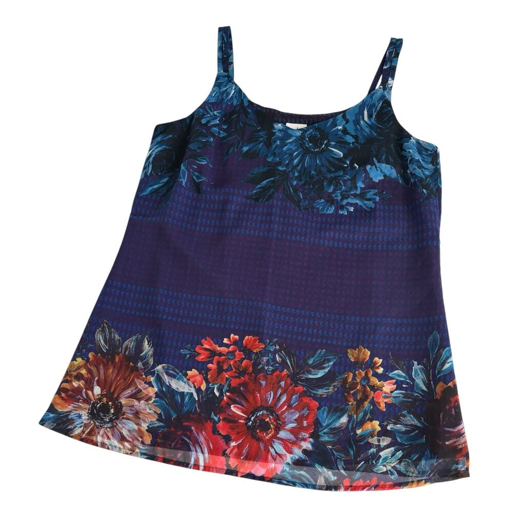 Cabi Artist Cami Vibrant Floral Houndstooth Print Tank Top Women’s Small Blue